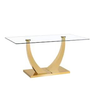Modern Rectangle Gold Glass 63 in. Pedestal Dining Table Seats for 6