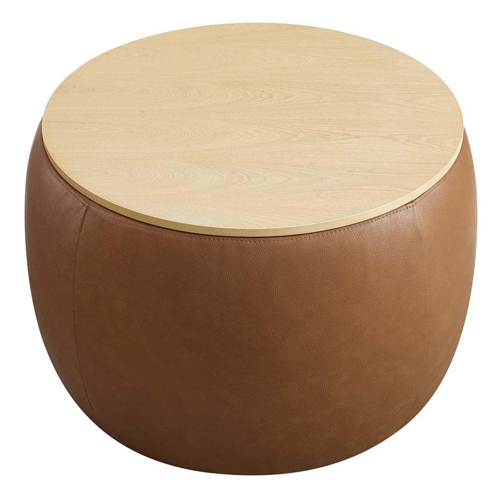 Tan Round Vegan Leather Storage Ottoman with Tray Lid