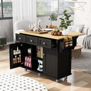 Black Rolling Rubberwood Countertop 53 in. Kitchen Island Cart with Adjustable Shelves