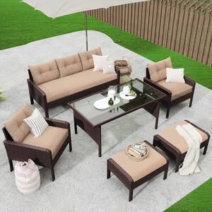 6-Piece PE Wicker Rattan Outdoor Patio Sofa Set Dining Table Set, Coffee Table & Sofa Set with Removable Coffee Cushions