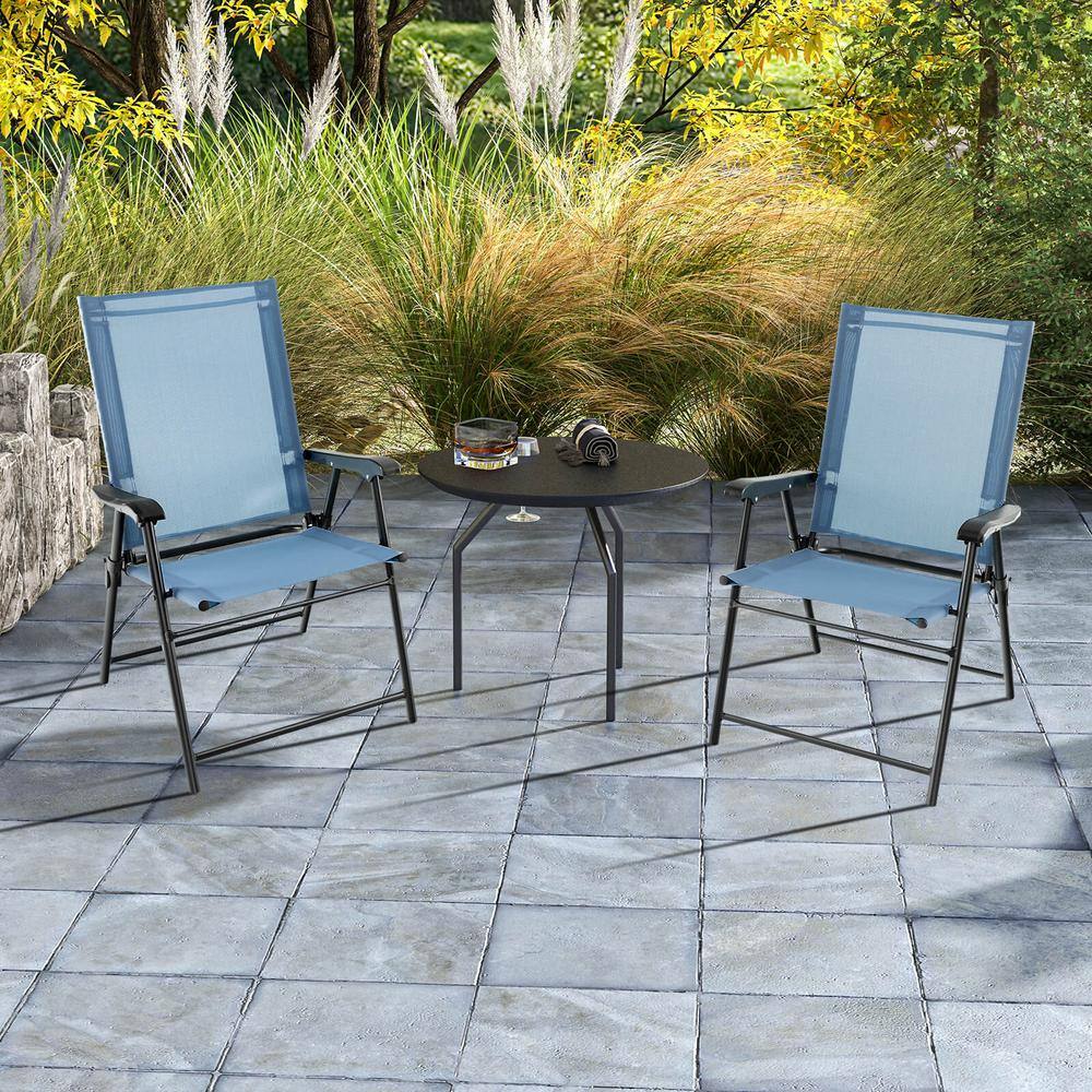 Blue Metal Frame Folding Outdoor Dining Chairs, Set of 2