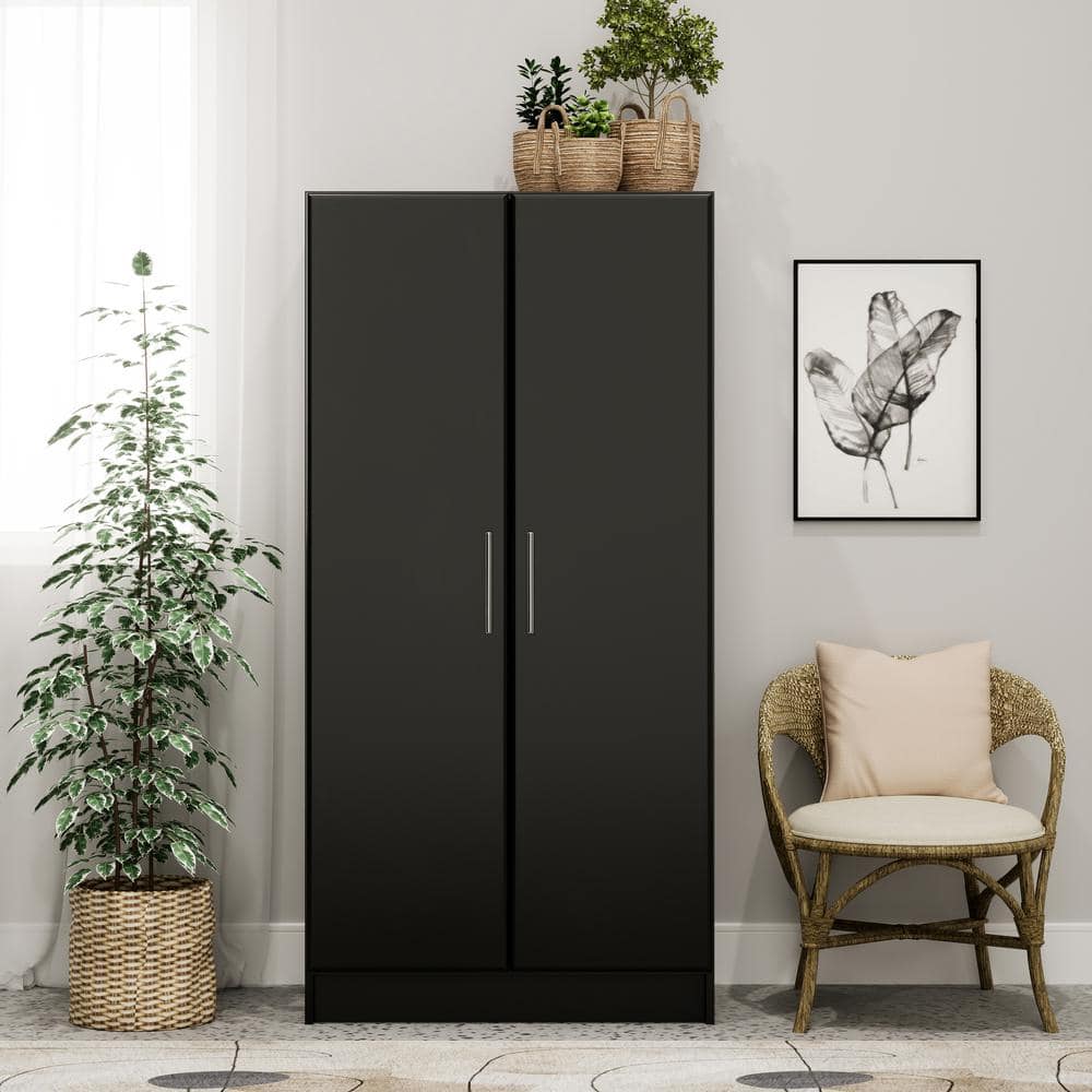 Elite Black 32" Freestanding Wardrobe Cabinet with Hanging Rail