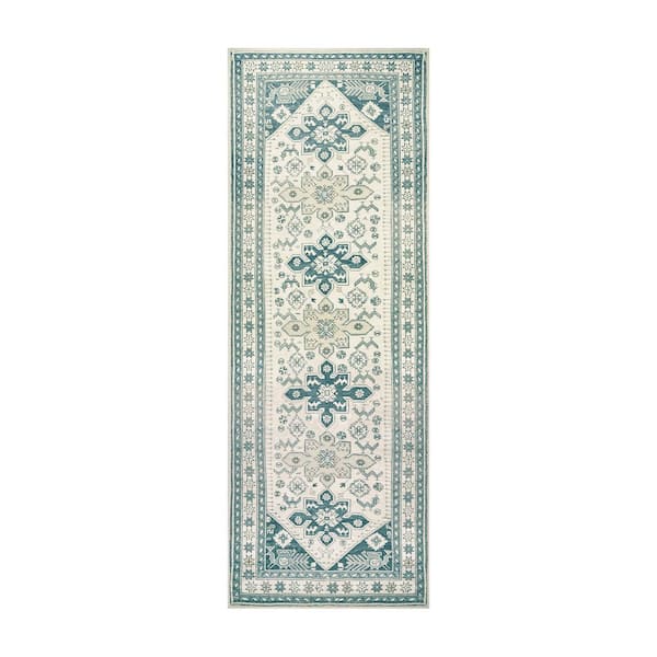 My Magic Carpet Saraz Teal/Off White Washable Rug 2.5 ft. x 7 ft. Runner Rug