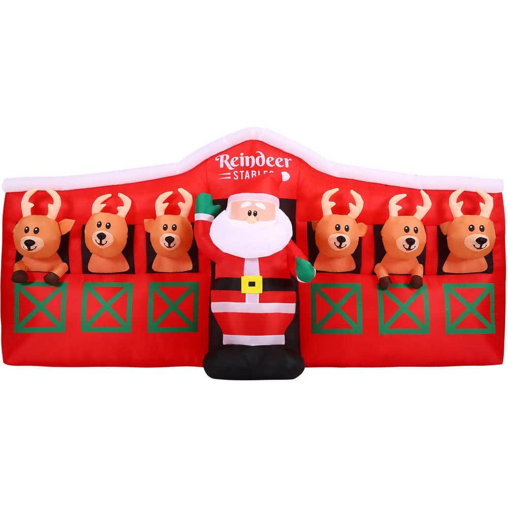 9 ft. Wide Pre-Lit Inflatable Santa in Reindeer Stable