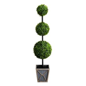 45 in. UV Resistant Artificial Triple Ball Boxwood Topiary with LED Lights in Decorative Planter (Indoor/Outdoor)