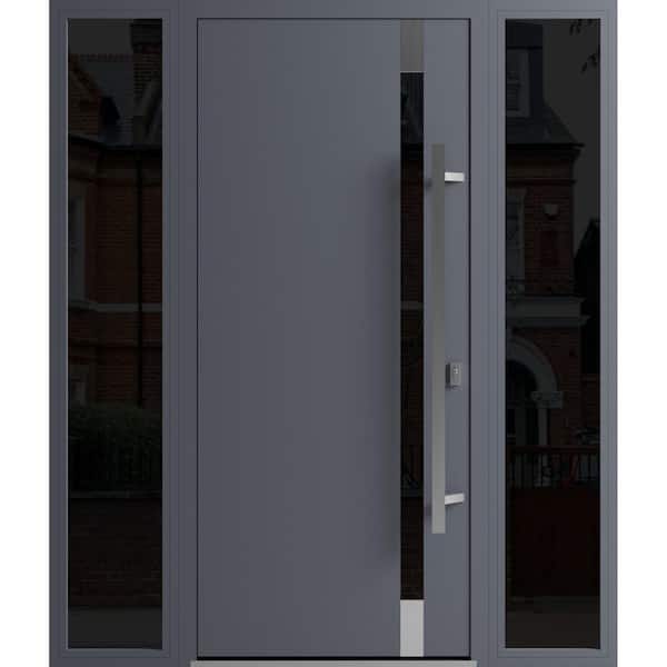 VDOMDOORS 1011 60 in. x 80 in. Left-hand/Inswing 2 Sidelight Tinted Glass Grey Steel Prehung Front Door with Hardware