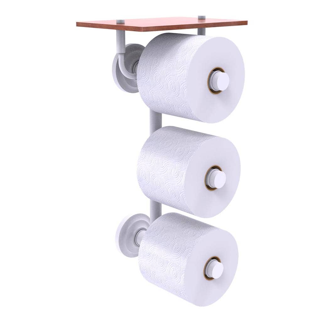 Matte White Wall Mounted 3-Roll Toilet Paper Holder with Wood Shelf