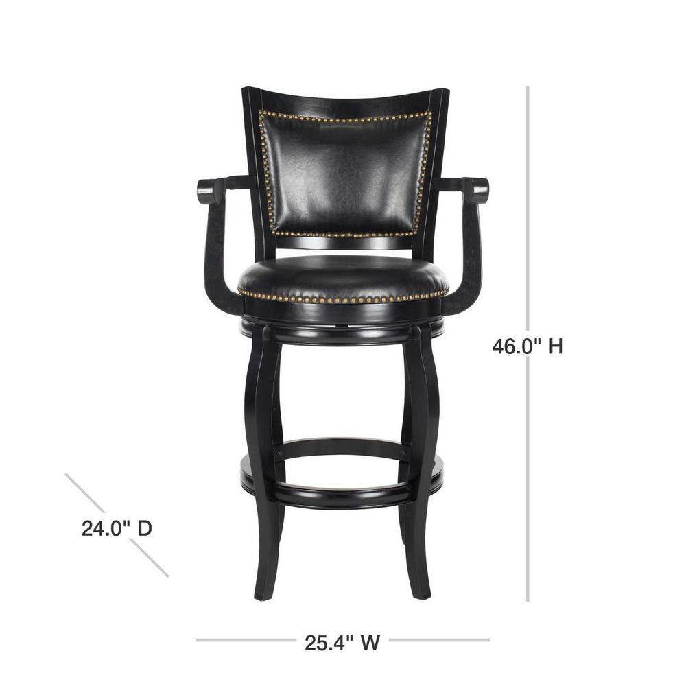 Transitional Black Leather Swivel Bar Stool with Bronze Nailhead Trim