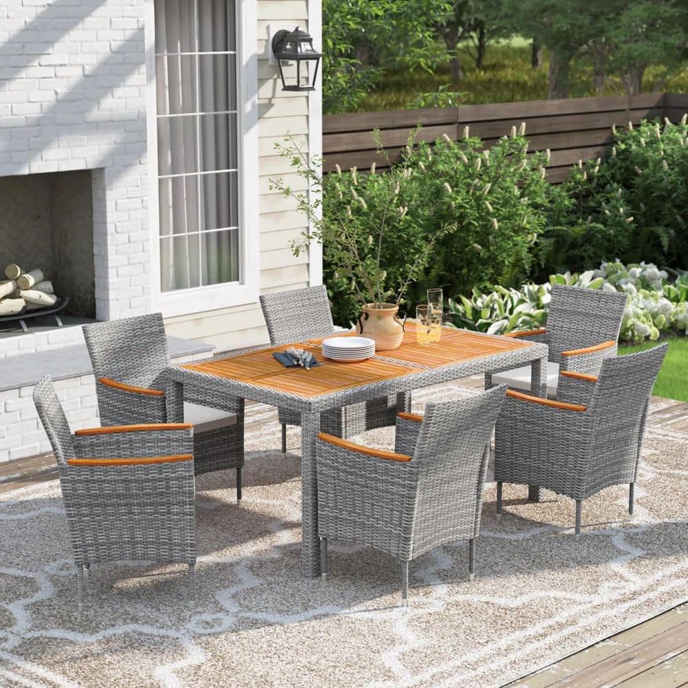 7-Piece Acacia and Wicker Outdoor Dining Set with Beige Cushions, Gray price history on PriceWatchPro