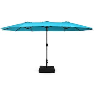 15 ft. Iron Market Double-Sided Twin Patio Umbrella With Crank and Base in Turquoise