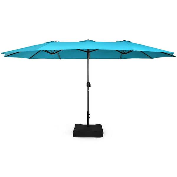 ANGELES HOME 15 ft. Iron Market Double-Sided Twin Patio Umbrella with Crank and Base, Sturdy 12-Rib Metal Structure,Turquoise