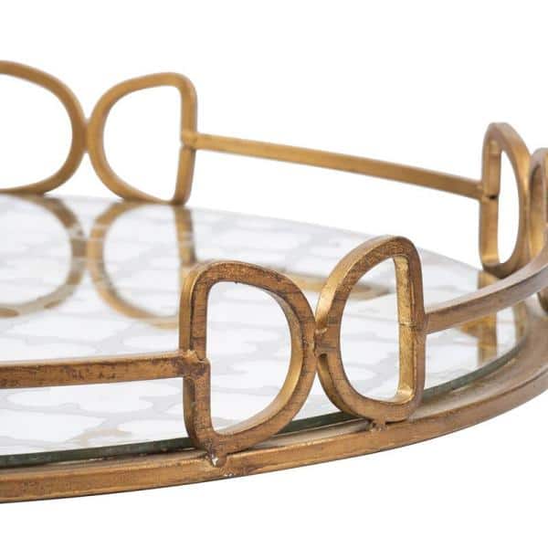 Round Gold and Frosted Glass Decorative Tray with Metal Frame