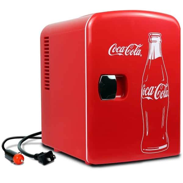 Coca-Cola Classic Coke Bottle 4L Mini Fridge with12V DC and 110V AC Cords, 6 Can Portable Cooler Red