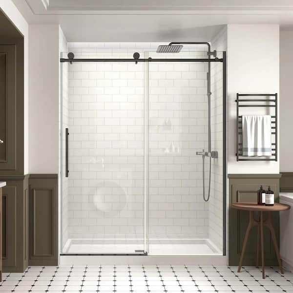 Modern 60 in. W x 74 in. H Single Sliding Frameless Shower Door in Matte Black Finish with 5/16 in. (8mm) Clear Glass