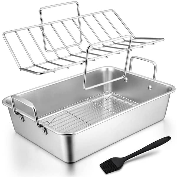 Roasting Pan with Rack Set, 17 in. Stainless Steel Lasagna Roaster Pan, V-shaped Rack, Basting Brush, Dishwasher Safe