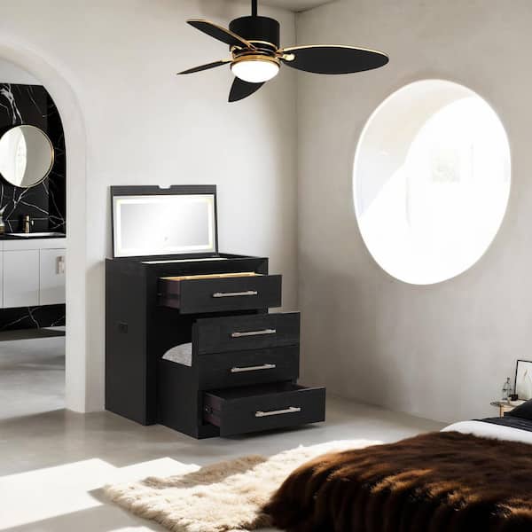 Jarre 2-Piece Black Makeup Vanity Set with Removable Cushion on Stool and 3-Colors LED on Mirror, USB Charging Ports