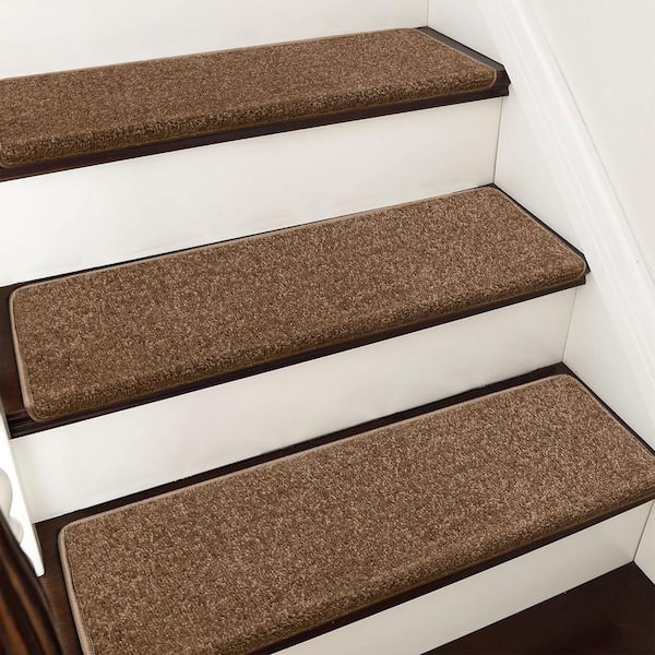 PURE ERA Camel Brown 9.5 in. x 30 in. x 1.2 in. Bullnose Indoor Non-slip Carpet Stair Tread Cover Tape Free Non Slip (Set of 7)