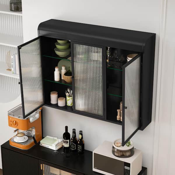 35.45 in. W x 7.87 in. D x 27.55 in. H Bathroom Storage Wall Cabinet in Black, Metal Glass Cabinets
