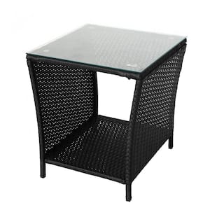 Outdoor Patio Wicker End Table Square Side Bistro Coffee Table with Glass Top Storage Shelf for Garden Lawn Black