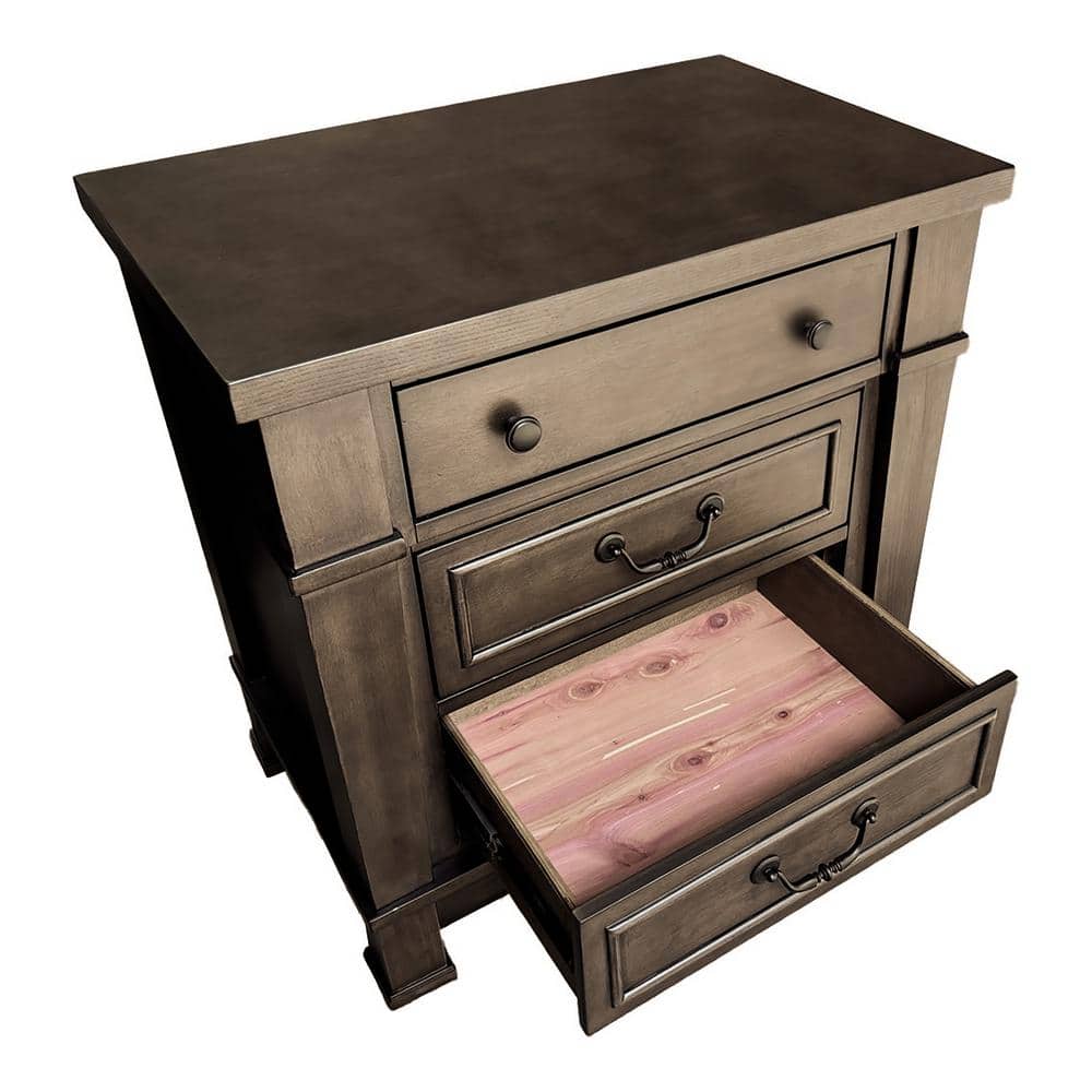 Dark Walnut 3-Drawer Solid Wood Nightstand with USB Port