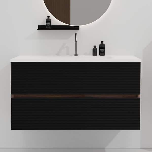 36 in. Single Sink Floating Black and Walnut Bath Vanity with White Ceramic Top