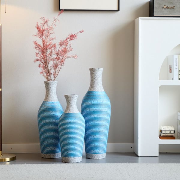 20 in. 24 in. 28 in. Blue PVC Bottle Floor Vase Trio, Textured Modern Tall Vases, Artificial Plant Stand (Set of 3)