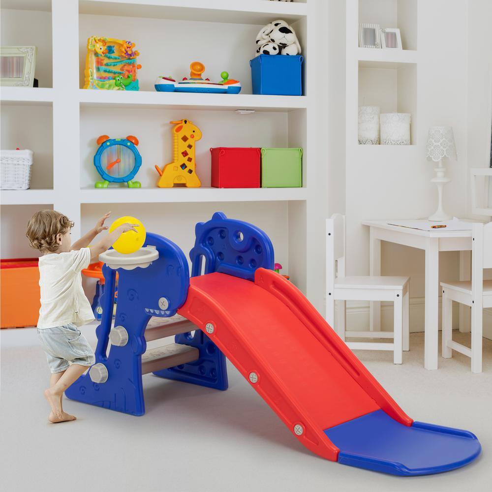 Blue and Red Dinosaur 3-in-1 Toddler Slide with Ladder and Hoop