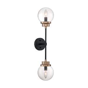 Axis 5.88 in. 2-Light Matte Black/Brass Accents Wall Sconce with Clear Glass Shade