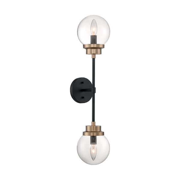 SATCO Axis 5.88 in. 2-Light Matte Black/Brass Accents Wall Sconce with Clear Glass Shade