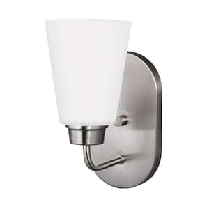 Kerrville 4.625 in. 1-Light Brushed Nickel Traditional Transitional Vanity Wall Sconce with Satin Etched Glass Shade