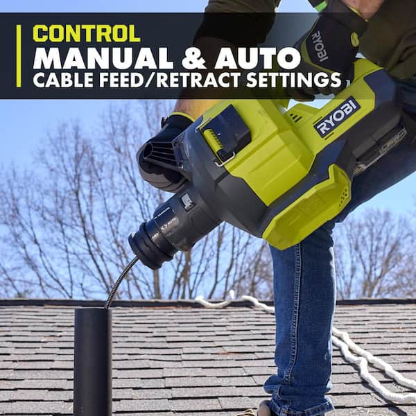 RYOBI ONE+ 18V Cordless Drain Auger with 35 ft Cable, LED Light