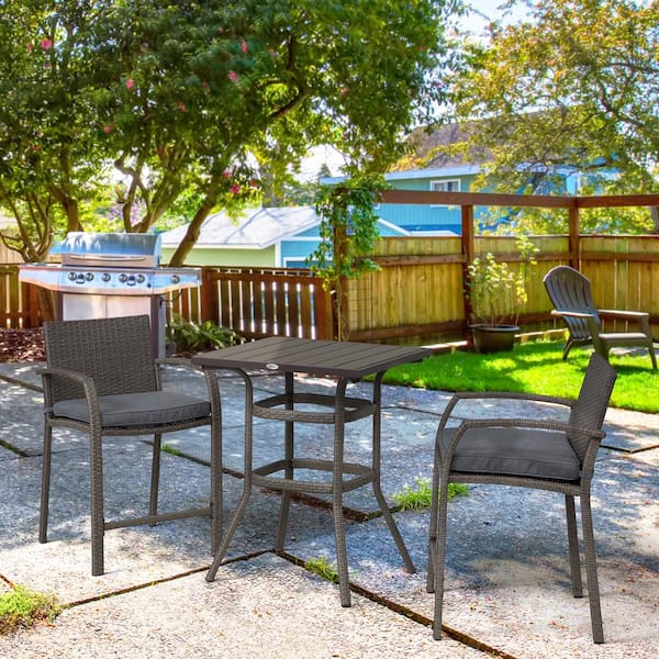 Sudzendf 3-Piece Wicker Outdoor Serving Bar Set with Gray Cushion, Wood Grain Top Table and 2 Bar Stools for Patio, Garden