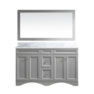 60 in. W x 22 in. D x 35.4 in. H Double Sink Solid Wood Bath Vanity in Gray with White Marble Top and Mirror
