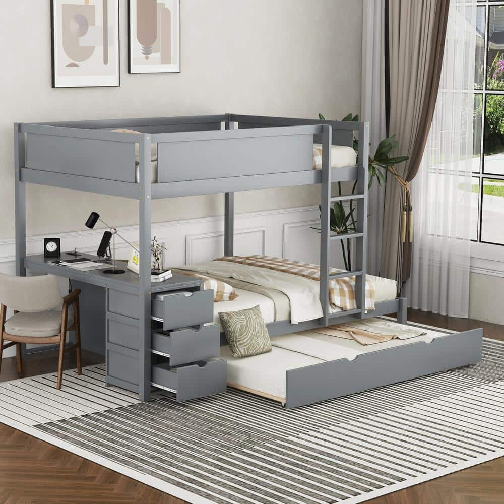 Harper & Bright Designs Gray Full over Full Wood Bunk Bed with 3-Drawer ...