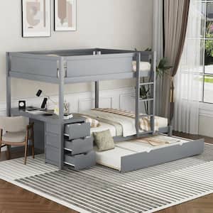 Gray Full over Full Wood Bunk Bed with 3-Drawer, Built-in Desk, USB Charging Station and Twin Size Trundle
