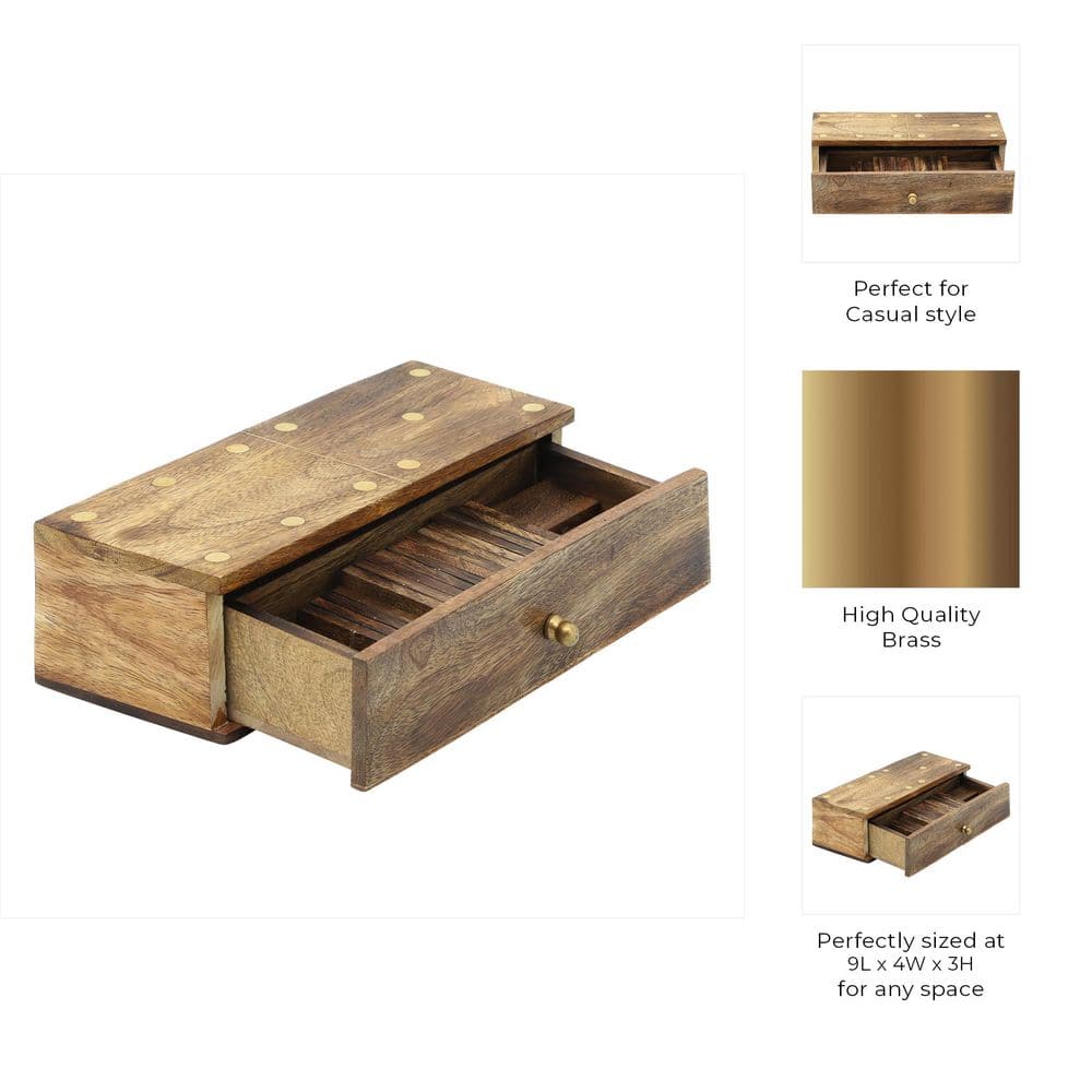 Brown Mango Wood and Brass Dominoes Set with Storage Box