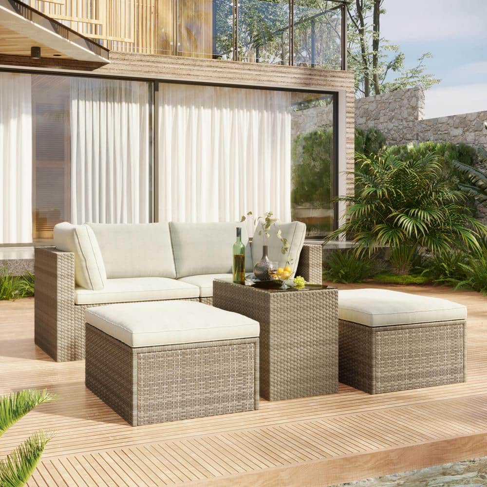 5-Piece Brown Wicker Patio Conversation Set with Coffee Table and Beige Cushions