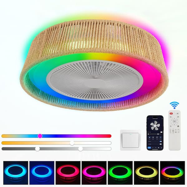 Oaks Aura Tivoli 21 in. Indoor Smart White Modern Rustic Ceiling Fan Light with Vibrant RGB Mood Lighting and Handwoven Rope