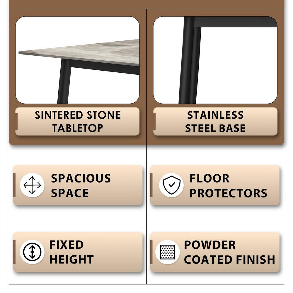 Deep Grey Rectangular Glass Dining Table with Black Steel Base