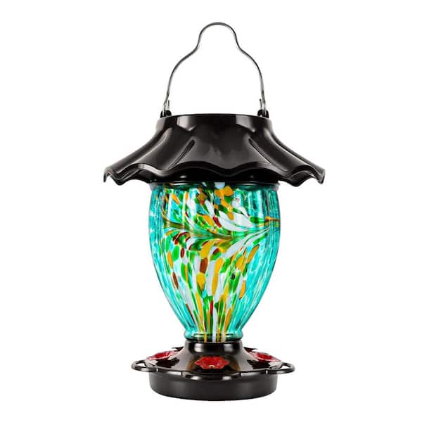 Color Changing Solar Powered Hand Blown Glass Hummingbird Feeder 32 fl. oz. Glass Nectar Reservoir Illuminated Lantern