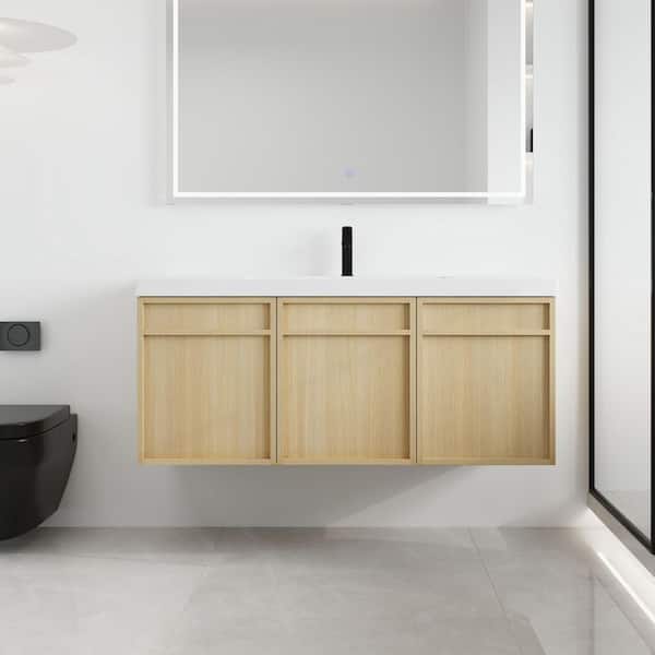 47.25 in. W x 19.69 in. D x 20.88 in. H Wall Mounted Bath Vanity in Light Oak with White Resin Vanity Top