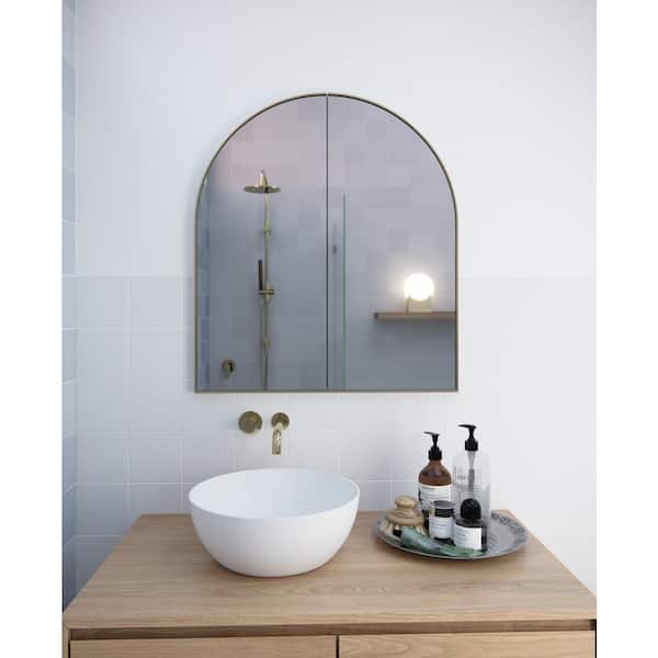Aria 30 in. x 34 in. x 5 in. D Satin Brass Recessed Medicine Cabinet with Mirror