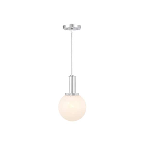 8 in. W x 13.25 in H 1-Light Chrome Modern Pendant Light with White Strie Glass Shade, No Bulb Included