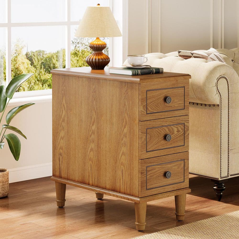 23.6 in. Light Brown Rectangle Wood End Table with 3-Drawers, Narrow Side Table for Living Room, Small Space, Assembled