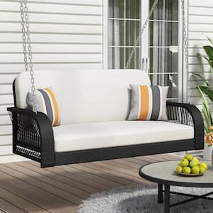 Wicker Porch Swing, 2-Seat Hanging Bench with Chains, Patio Furniture Swing for Backyard Garden, Black And Beige
