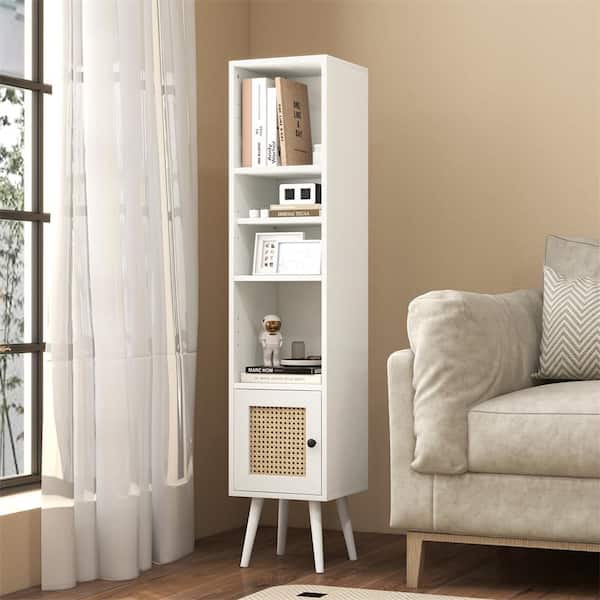 White 54 in. Slim Tall Rattan Storage Cabinet Boho Accent Bookshelf with 12-Shelves Adjustable and Solid Wood Legs