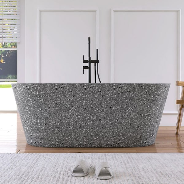 59 in. x 29 in. Terrazzo Stone Solid Surface Flatbottom Freestanding Soaking Bathtub in Gray