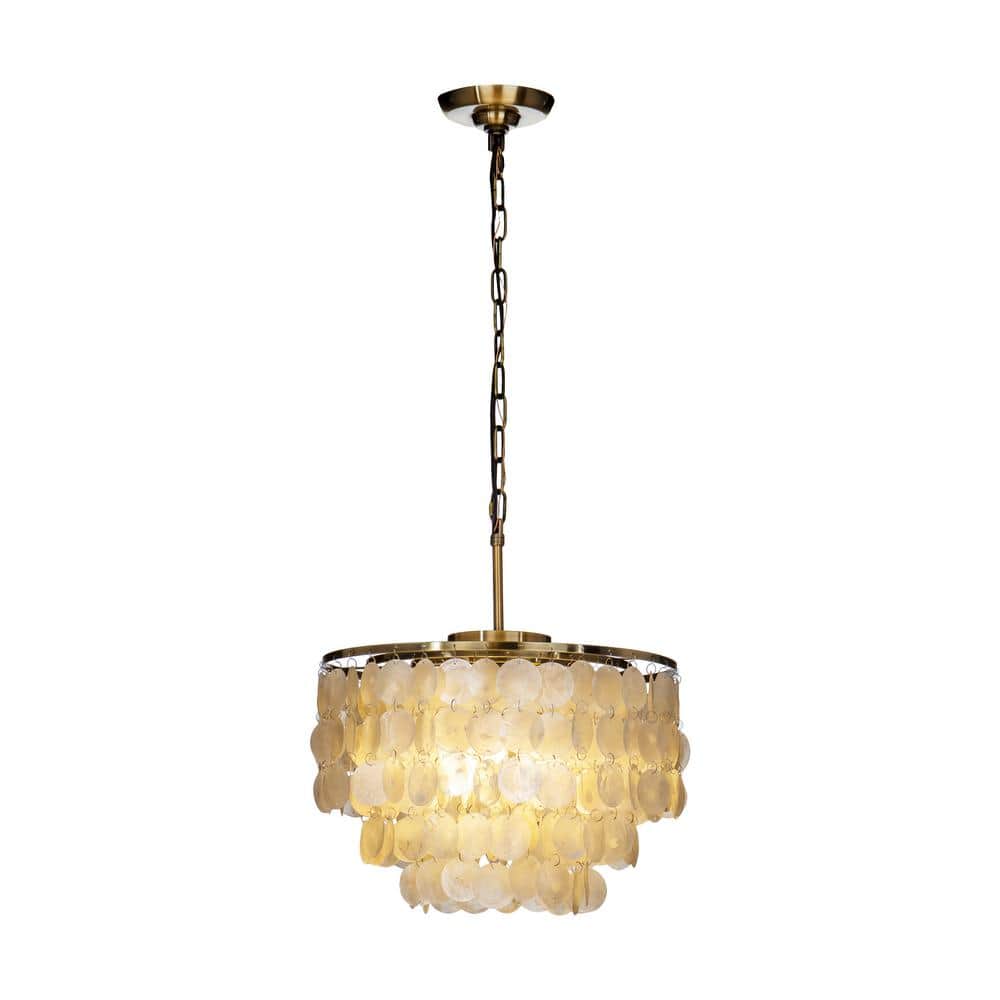 ALOA DECOR 3-Lights Unique Antique Bronze Tiered Capiz Chandelier