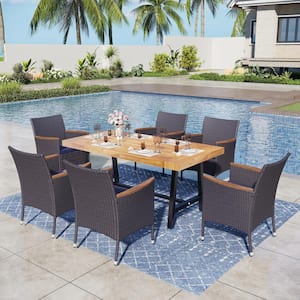 Black 7-Piece Metal Patio Outdoor Dining Set with Rectangle Table and Rattan Chairs with Blue Cushion