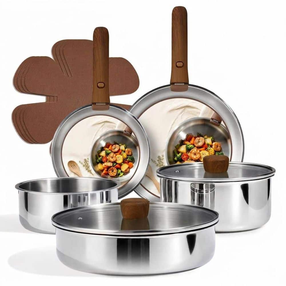 13 Piece Stainless Steel Nonstick Cookware Set in Silver, Tri-Ply, Detachable Handle, Oven and Dishwasher Safe price history on PriceWatchPro